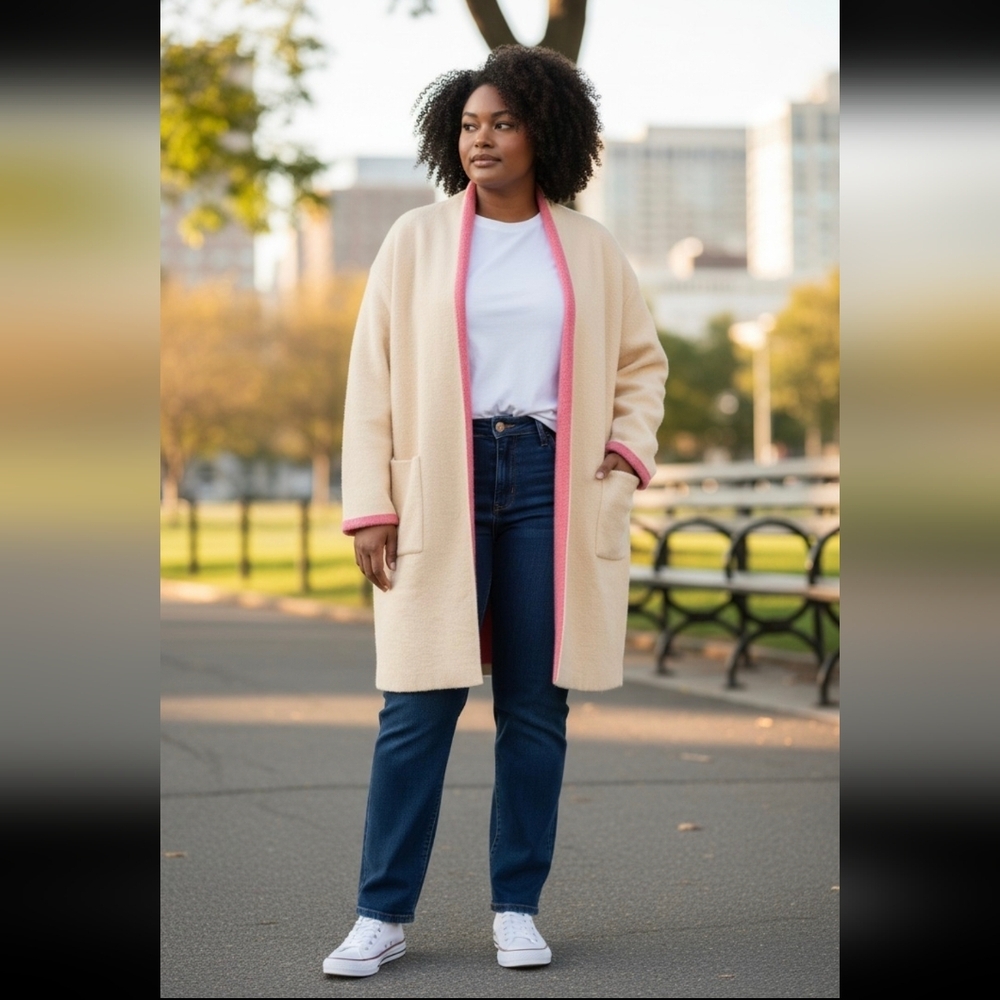 THML Molly Cream Stripe Long Cardigan Sweater Open Front Pockets M NWT